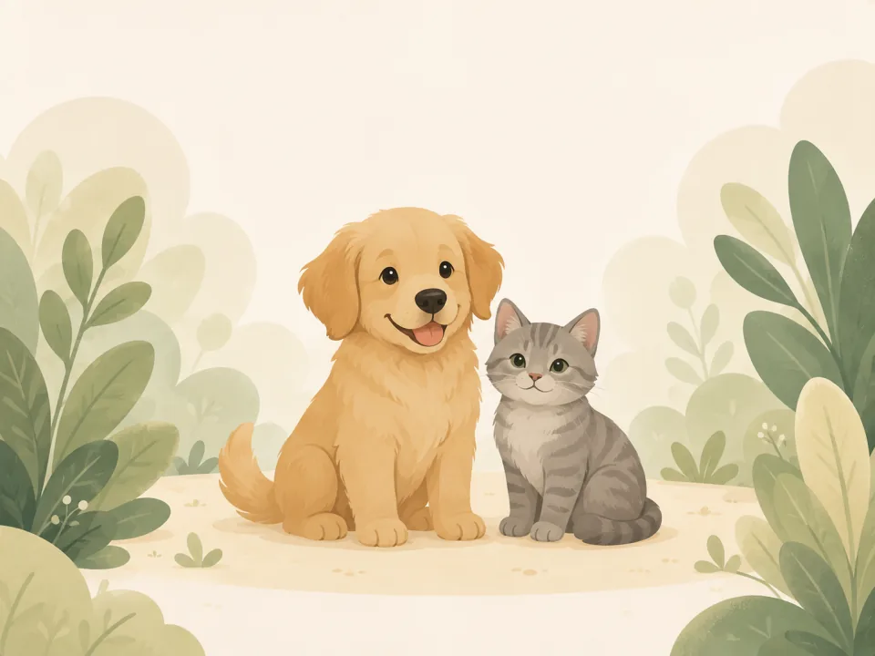 Illustration of a golden retriever puppy and gray tabby cat