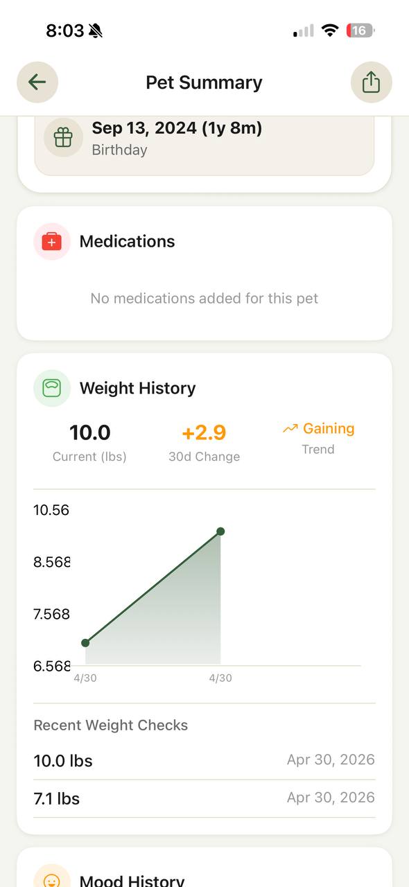 Kima pet detail screen showing individual pet summary with health info and care history