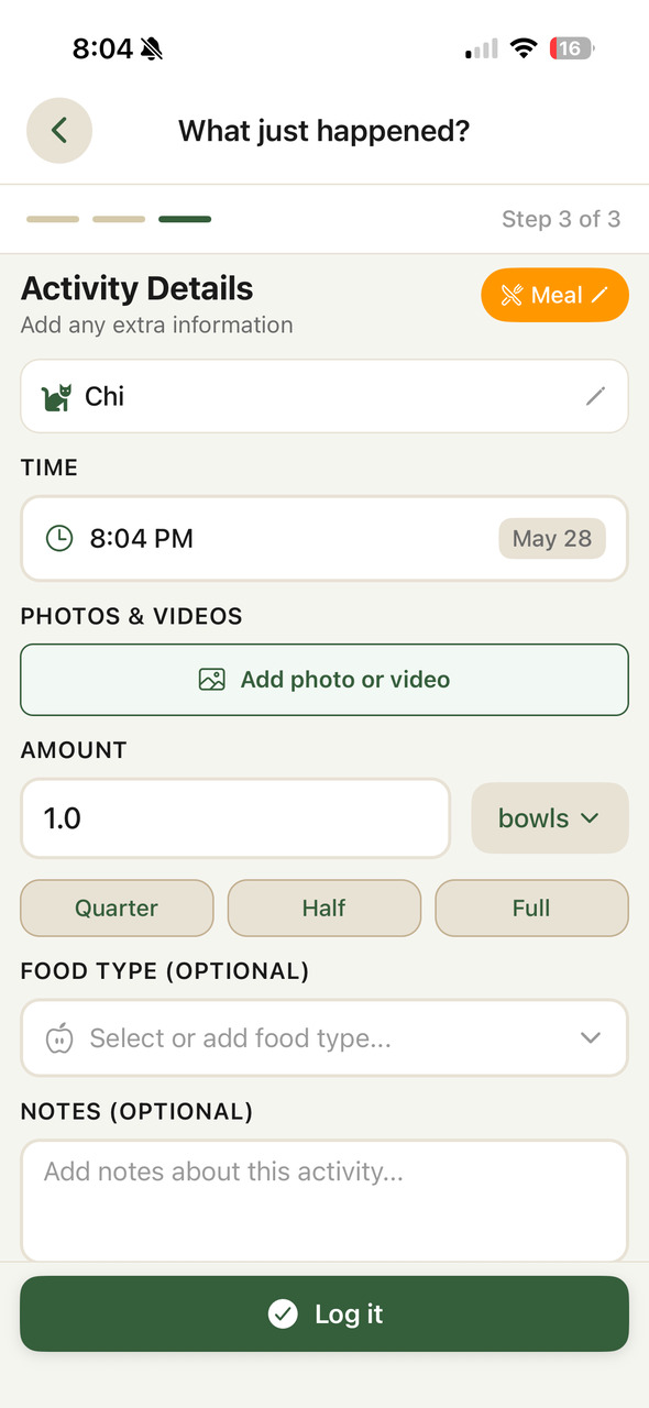 Kima add activity screen showing quick logging options for pet care activities