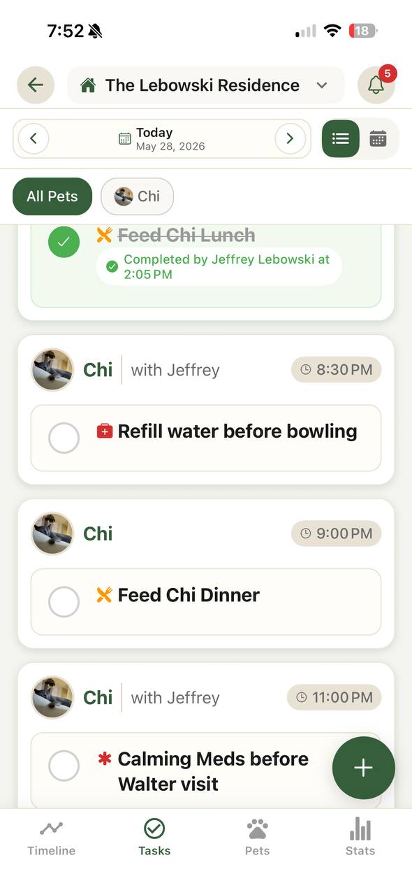 Kima task management screen showing daily pet care tasks with completion status