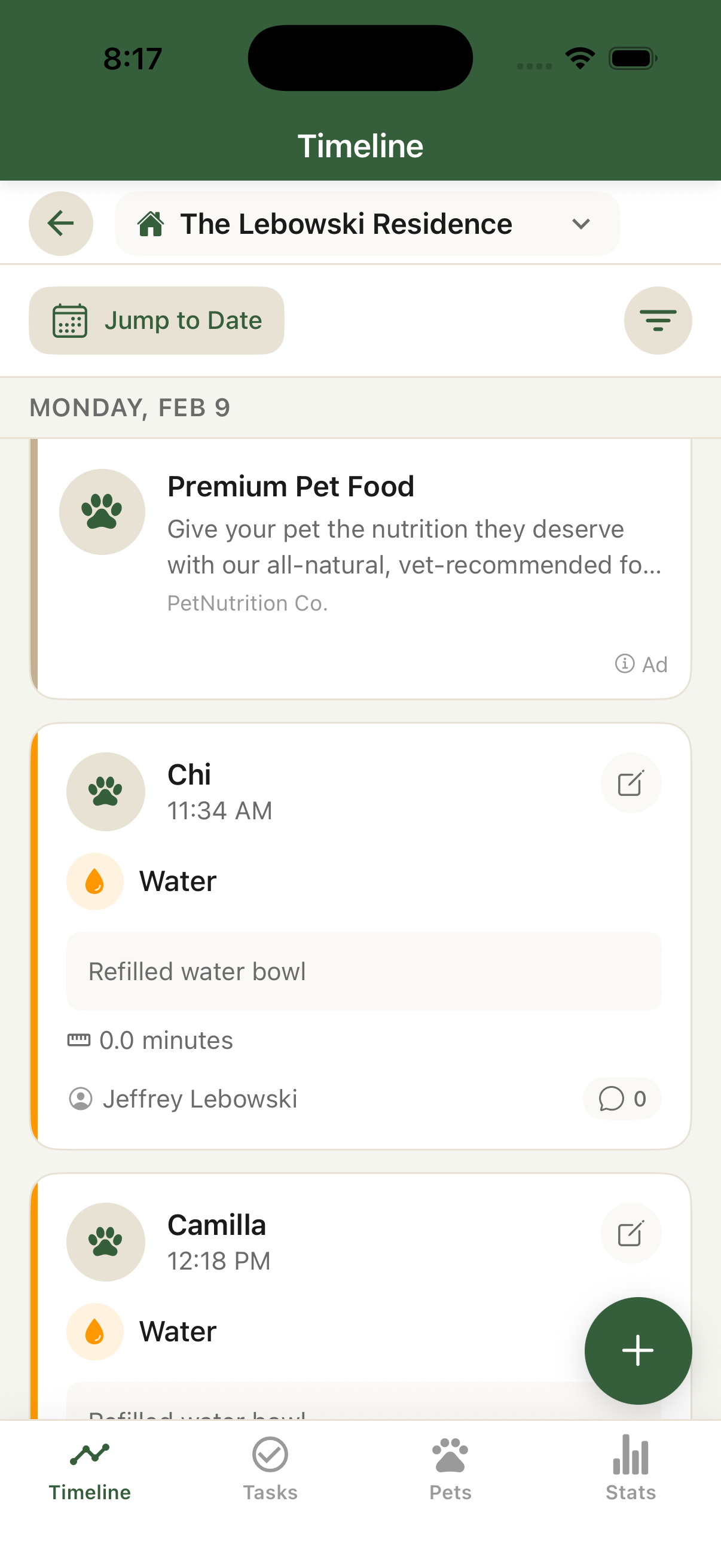Kima app shared timeline showing pet care activities logged by multiple caregivers